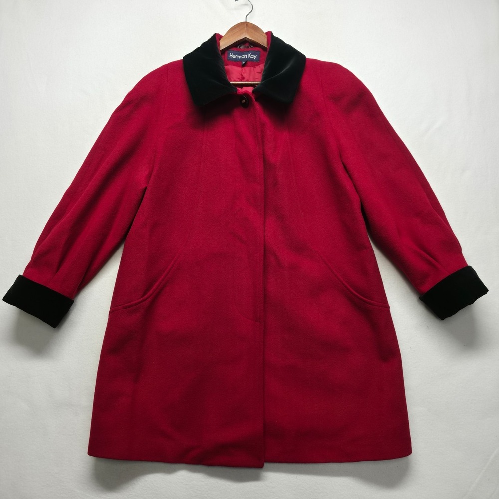 Vintage Herman Kay Women's Red Wool Overcoat Velvet Trim Size 14